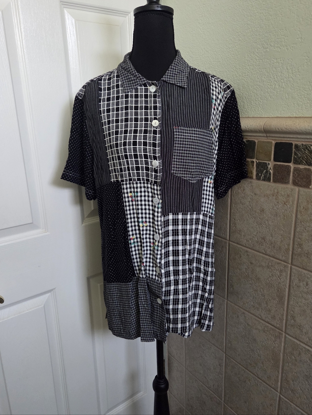 Carole Little Black white patchwork button up shirt floral embroidery Cottage 8